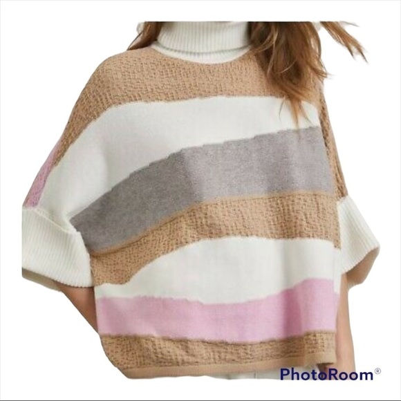 CALLAHAN KNIT Anthropologie Pastel Striped Turtleneck Poncho Sweater Small - Picture 5 of 11